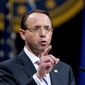 Then-Deputy Attorney General Rod Rosenstein speaks during a farewell ceremony in the Great Hall at the Department of Justice in Washington, Thursday, May 9, 2019. (AP Photo/Andrew Harnik) ** FILE **