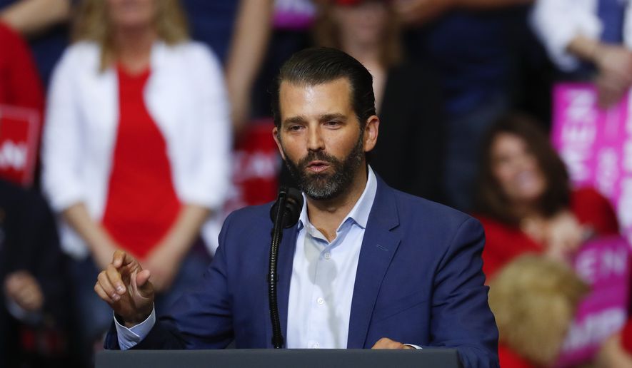 In this Thursday, March 28, 2019, file photo, Donald Trump Jr. speaks at a rally for President Donald Trump in Grand Rapids, Mich. The chairman of the Senate intelligence committee says the panel subpoenaed Donald Trump Jr. after he backed out of two interviews that were part of its Russia investigation. (AP Photo/Paul Sancya, File)