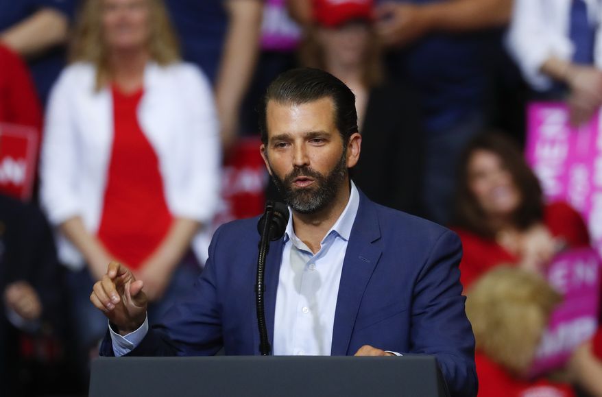 In this Thursday, March 28, 2019, file photo, Donald Trump Jr. speaks at a rally for President Donald Trump in Grand Rapids, Mich. The chairman of the Senate intelligence committee says the panel subpoenaed Donald Trump Jr. after he backed out of two interviews that were part of its Russia investigation. (AP Photo/Paul Sancya, File)