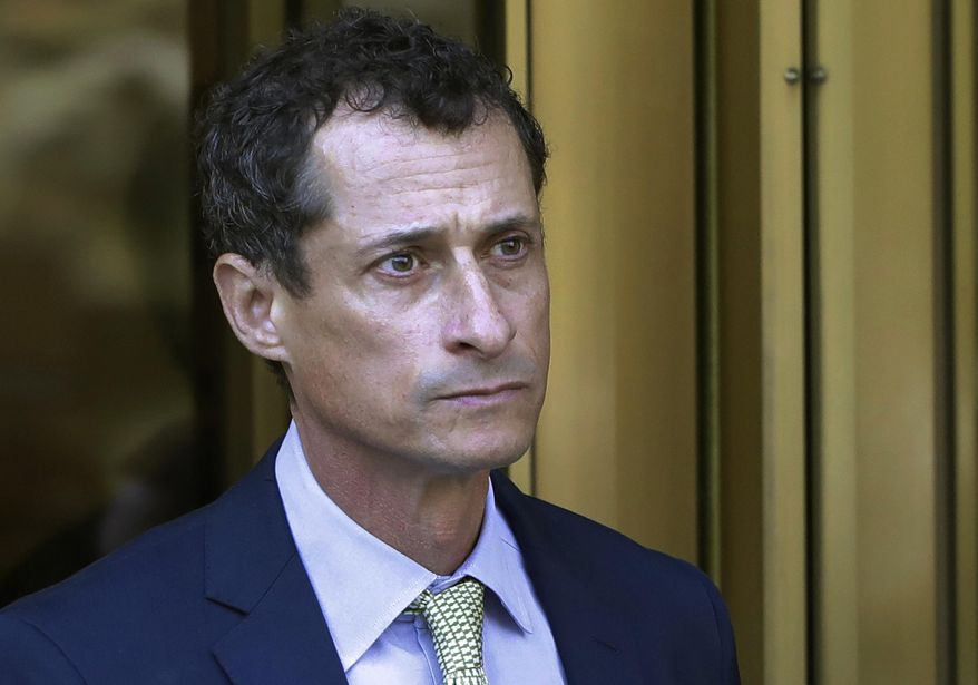 FILE - In this Sept. 25, 2017 file photo, former Congressman Anthony Weiner leaves federal court following his sentencing in New York. Weiner has left a New York City halfway house after completing his prison sentence for illicit online contact with a 15-year-old girl. According to the New York Post, Weiner said while leaving the Bronx facility on Tuesday, May 14, 2019, that it’s “good to be out” and he hopes to “live a life of integrity and service.” (AP Photo/Mark Lennihan, File)