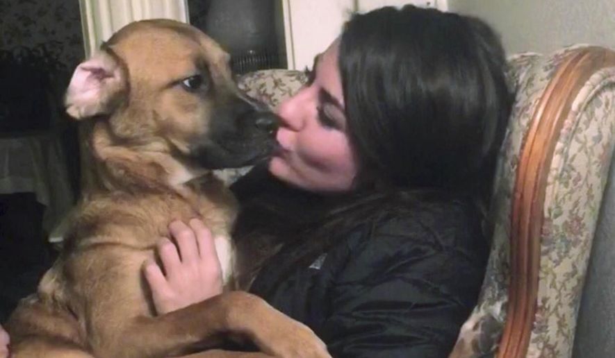 This undated photo provided by Jessica Sardina shows Honey, a boxer-lab mix, and herself in Bangor, Maine. A custody battle in Maine Supreme Judicial Court focuses on the dog. Maine law allows a judge to order married couples to share custody of animals, but that standard doesn't apply to unmarried couples splitting up. Jessica Sardina is challenging a ruling that her former boyfriend is Honey's sole owner because his signature appeared on adoption papers. (Samantha Sardina via AP)