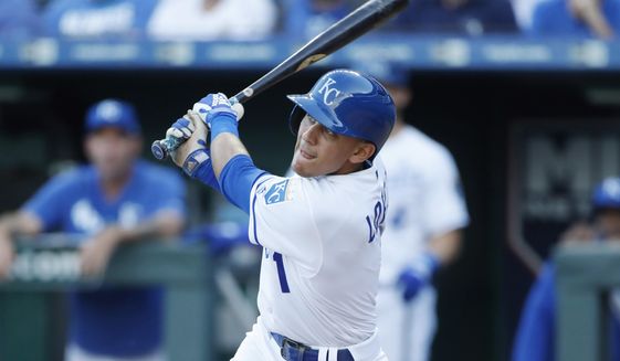 Kansas City Royals&#39; Nicky Lopez watches his fly ball for an out in the first inning of a baseball game against the Texas Rangers at Kauffman Stadium in Kansas City, Mo., Tuesday, May 14, 2019. (AP Photo/Colin E. Braley)