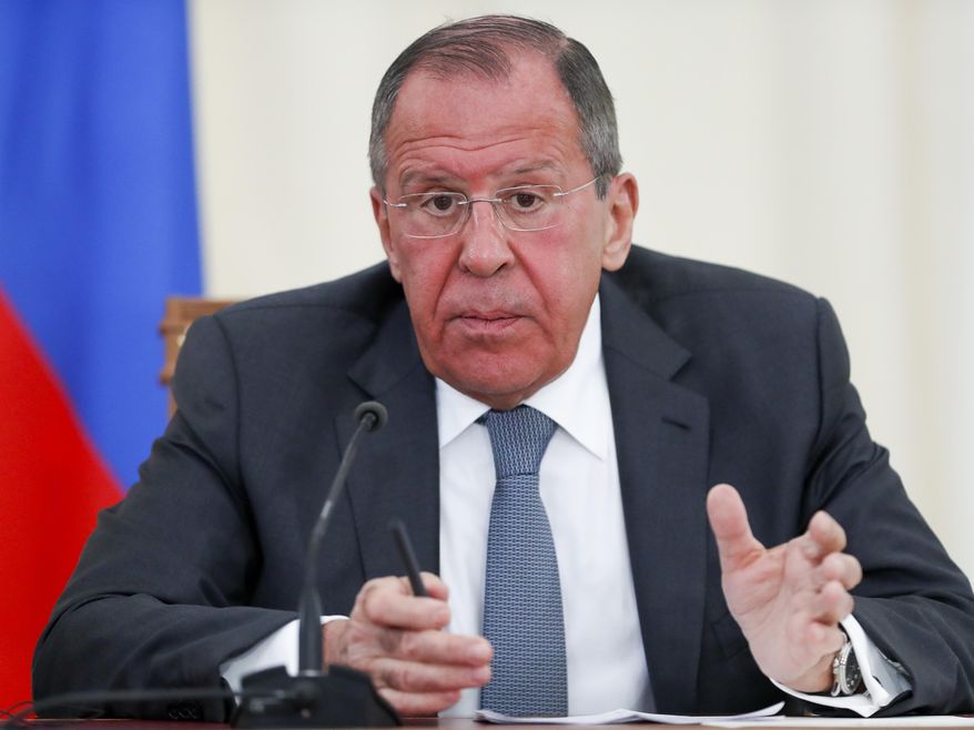 Russian Foreign Minister Sergey Lavrov speaks during his and U.S. Secretary of State Mike Pompeo joint news conference following the talks in the Black Sea resort city of Sochi, southern Russia, Tuesday, May 14, 2019.(AP Photo/Pavel Golovkin, Pool)