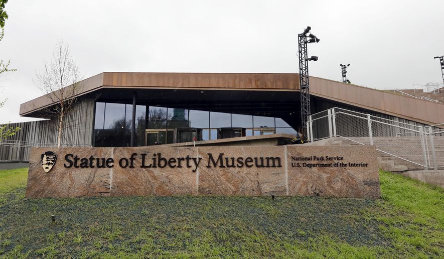 The Statue of Liberty Museum, set to open Thursday May 16, 2019 on Liberty Island, is shown in this photo, in New York, Monday, May 13, 2019. (AP Photo/Richard Drew)