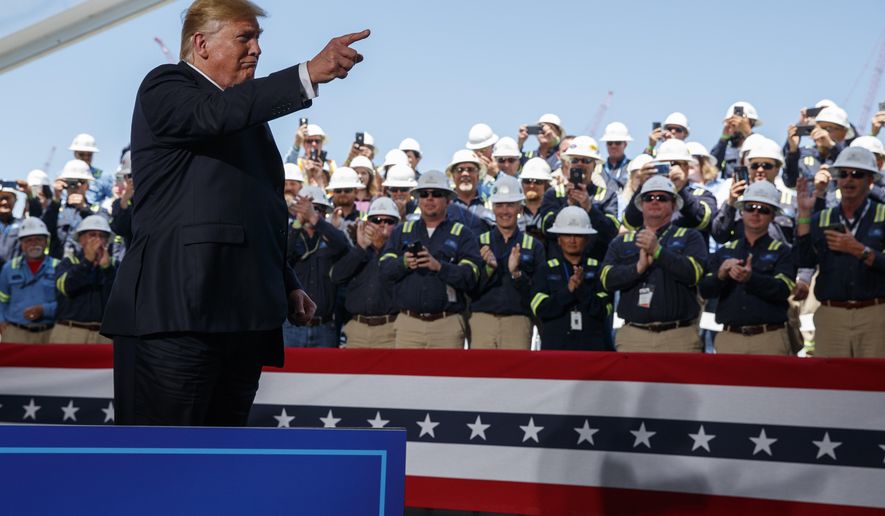 President Donald Trump arrives to speak on energy infrastructure at the Cameron LNG export facility, Tuesday, May 14, 2019, in Hackberry, La. (AP Photo/Evan Vucci)