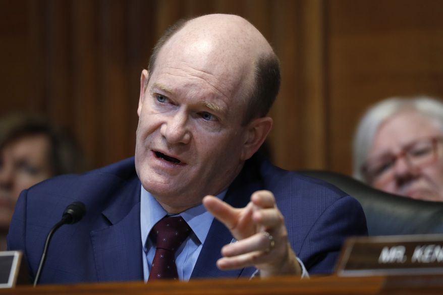 Financial Services and General Government subcommittee Ranking Member Sen. Chris Coons, D-Del., questions Treasury Secretary Steven T. Mnuchin during a Financial Services and General Government subcommittee hearing, Wednesday, May 15, 2019, on Capitol Hill in Washington. (AP Photo/Jacquelyn Martin) ** FILE **