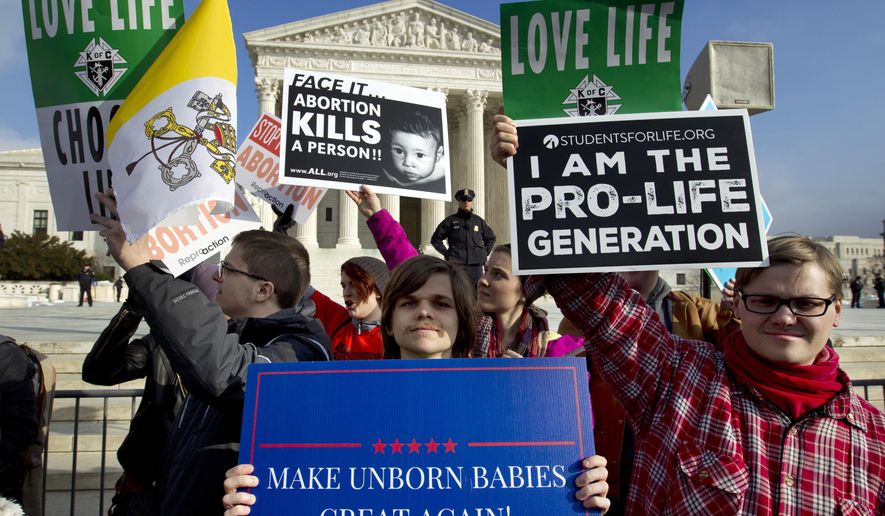 In this Friday, Jan. 18, 2019, file photo, anti-abortion activists protest outside of the U.S. Supreme Court, during the March for Life in Washington. The passage of abortion restrictions in Republican-led states and a corresponding push to buttress abortion rights where Democrats are in power stem from the same place: Changes in the composition of the high court. (AP Photo/Jose Luis Magana, File)