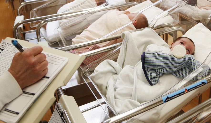 This Feb. 16, 2017, file photo shows newborn babies in the nursery of a postpartum recovery center in upstate New York. According to a government report released Wednesday, May 15, 2019, U.S. birth rates reached record lows for women in their teens and 20s, leading to the fewest babies in 32 years. (AP Photo/Seth Wenig, File) **FILE**