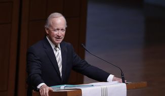 Former Indiana Governor Mitch Daniels, president of Purdue University, speaks during a funeral service for Sen. Richard Lugar, in this Wednesday, May 15, 2019 file photo. (AP Photo/Darron Cummings) **FILE**