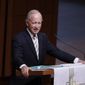 Former Indiana Governor Mitch Daniels, president of Purdue University, speaks during a funeral service for Sen. Richard Lugar, in this Wednesday, May 15, 2019 file photo. (AP Photo/Darron Cummings) **FILE**