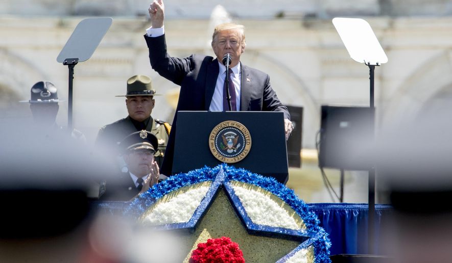 President Donald Trump speaks at the 38th Annual National Peace Officers Memorial Service on the West Lawn of the Capitol Building, Wednesday, May 15, 2019, in Washington. (AP Photo/Andrew Harnik)