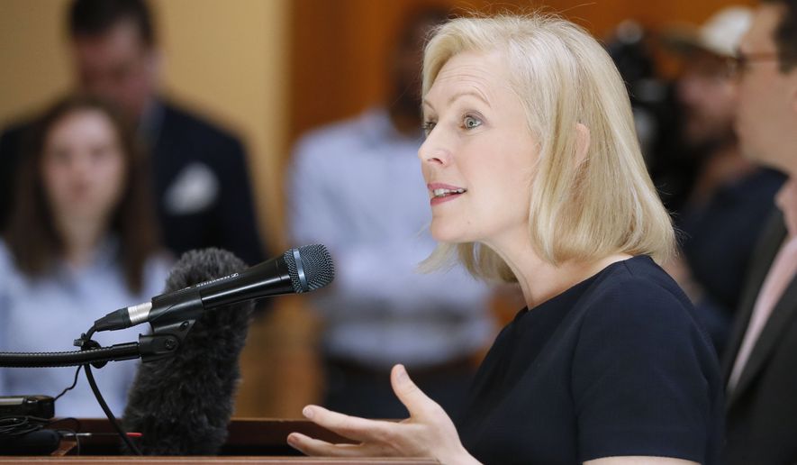 Presidential candidate Sen. Kirsten Gillibrand, D-N.Y., speaks during a news conference at the Georgia State Capitol in Atlanta on Thursday, May 16, 2019, to discuss abortion bans in Georgia and across the country. (Bob Andres/Atlanta Journal-Constitution via AP)