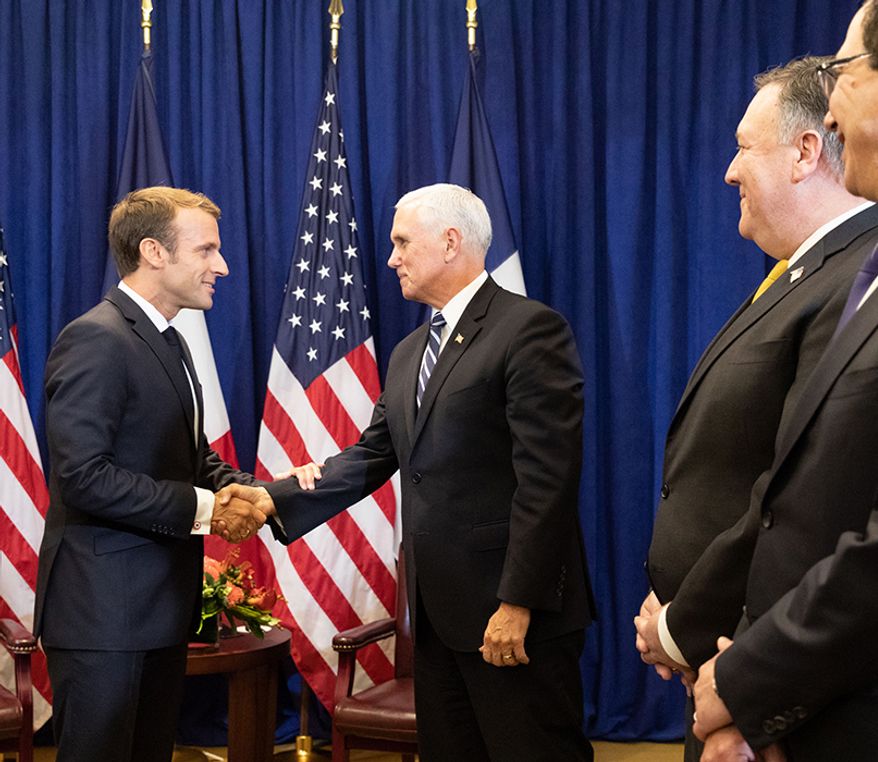 Vice President Mike Pence and President of the French Republic Emmanuel Macron after a bilateral discussion Monday, Sept. 24, 2018, at the Lotte New York Palace in New York. Vice President Mike Pence joins.(Official White House photo by Shealah Craighead)