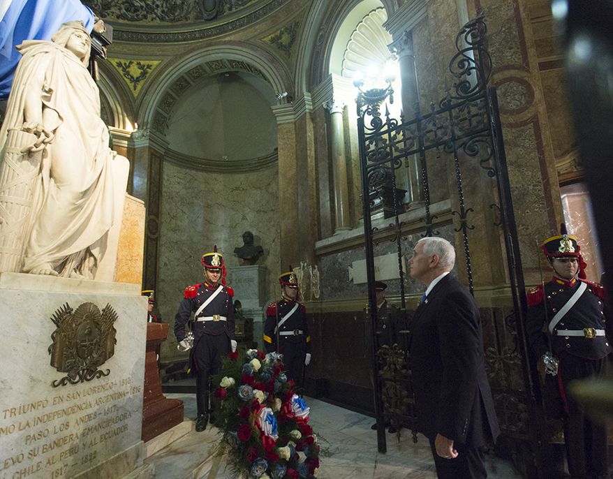 Vice President Mike Pence participates in a wreath laying ceremony at the tomb of General San Martin at Buenos Aires Metropolitan Cathedral | August 15, 2017 (Official White House photo by Myles D. Cullen)