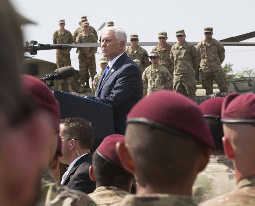 Vice President Mike Pence and Georgian and American troops at Exercise Noble Partner, August 1, 2017 (Official White House photo by Myles D. Cullen)