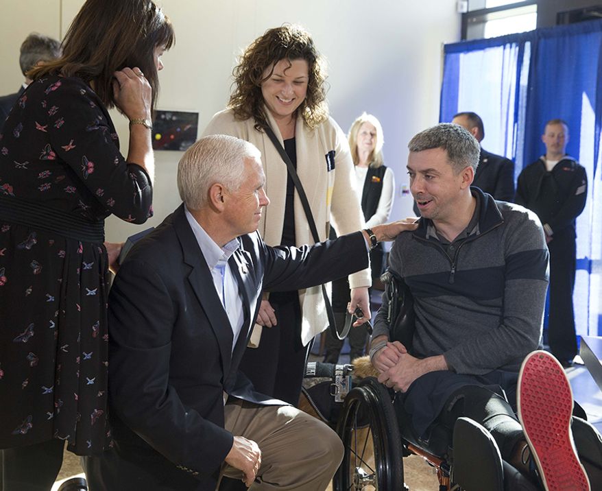Vice President Mike Pence and Mrs. Karen Pence meet with Stf Sgt. Liam Dwyer of the 3rd Battalion 5th Marine Regiment, Camp Pendleton, and his wife Meghan, at the USO Warrior and Family Center in Bethesda, Maryland | November 22, 2017 (Official White House Photo by Joyce N. Boghosian)