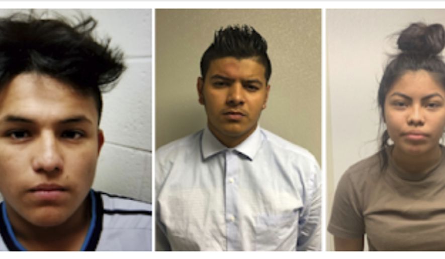 This combination of undated images provided by the George&#39;s County Police Department shows from left to right, Josue Fuentes-Ponce, Joel Escobar and Cynthia Hernandez-Nucamendi. The teenagers were arrested and charged as adults with first-degree murder after a missing was found dead in a Riverdale, Md. creek on Wednesday, May 15, 2019.  Authorities say theyre working to identity a fourth person involved in the slaying.  (George&#39;s County Police Department via AP)