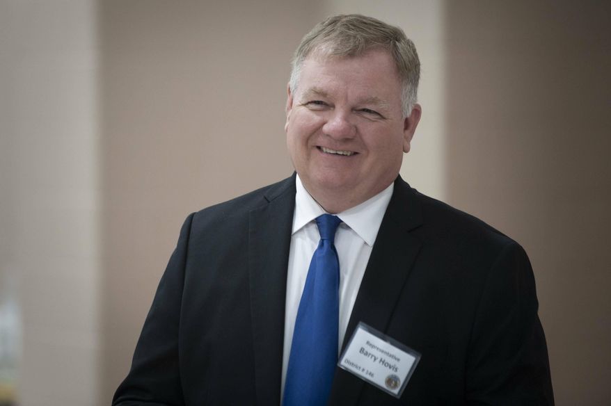 In this Saturday, March 23, 2019, photo Missouri State Rep. Barry Hovis socializes during the 50th annual Lincoln Day celebration at the Osage Centre in Cape Girardeau, Mo. Hovis was met with hisses when he used the phrase "consensual rape" during a highly charged House debate on a bill that would ban abortions at eight weeks, including in cases of rape and incest. Hovis, of Cape Girardeau, said in the chamber Friday, May 17, 2019, that most of the sexual assaults he handled before retiring from law enforcement weren't strangers "jumping out of the bushes" but instead "date rapes or consensual rapes." Abortion-rights supporters who attended the debate hissed in response. (Jacob Wiegand/The Southeast Missourian via AP)