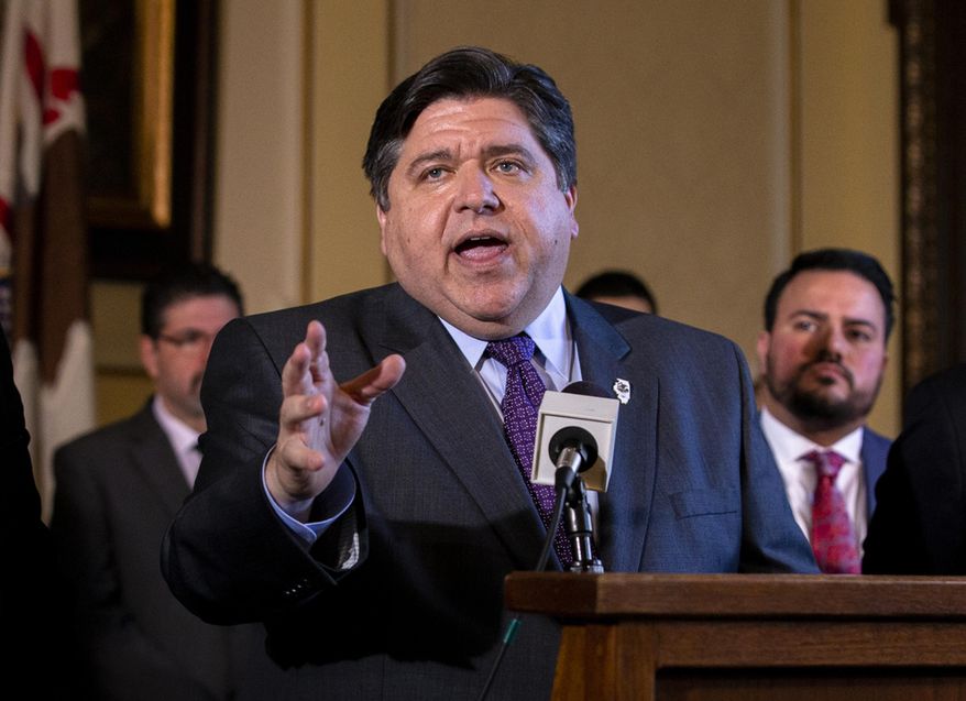In this April 12, 2019, photo, Illinois Governor J.B. Pritzker answers questions after a bill signing in the governor&#39;s office at the Illinois State Capitol, in Springfield, Ill. (Justin L. Fowler/The State Journal-Register via AP) **FILE**