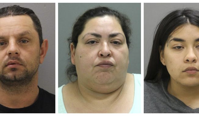 This combination of booking photos provided by the Chicago Police Department on Thursday, May 16, 2019 shows from left, Pioter Bobak, 40; Clarisa Figueroa, 46; and Desiree Figueroa, 24. Charges against them come three weeks after 19-year-old Marlen Ochoa-Lopez disappeared and a day after her body was discovered in a garbage can in the backyard of Clarissa Figueroa&#x27;s home in Chicago&#x27;s Southwest Side. Police said the teenager was strangled and her baby cut from her body. (Chicago Police Department via AP)