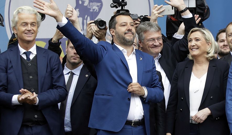 From left, Geert Wilders, leader of Dutch Party for Freedom, Matteo Salvini, J&amp;#246;rg Meuthen, leader of Alternative For Germany party, and Marine Le Pen, attend a rally organized by League leader Matteo Salvini, with leaders of other European nationalist parties, ahead of the May 23-26 European Parliamentary elections, in Milan, Italy, Saturday, May 18, 2019. (AP Photo/Luca Bruno)