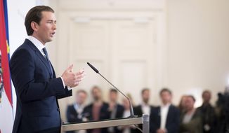 Austrian Chancellor Sebastian Kurz (Austrian People&#39;s Party) addresses the media during a press conference at the Federal Chancellors Office in Vienna, Austria, Saturday, May 18, 2019. Kurz has called for an early election after the resignation of his vice chancellor spelled an end to his governing coalition. (AP Photo/Michael Gruber)