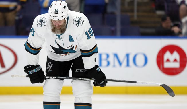 San Jose Sharks center Joe Thornton waits for play to resume during the third period in Game 4 of the NHL hockey Stanley Cup Western Conference final series against the St. Louis Blues Friday, May 17, 2019, in St. Louis. The Blues won 2-1 to even the series 2-2. (AP Photo/Jeff Roberson)