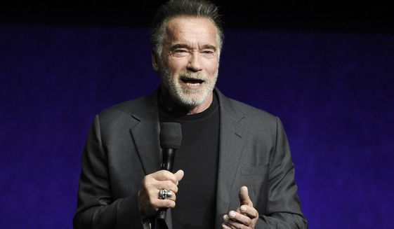In this Thursday, April 4, 2019, file photo, Arnold Schwarzenegger, a cast member in the upcoming film &amp;quot;Terminator: Dark Fate,&amp;quot; discusses the film during the Paramount Pictures presentation at CinemaCon 2019, the official convention of the National Association of Theatre Owners (NATO) at Caesars Palace, in Las Vegas. (Photo by Chris Pizzello/Invision/AP, File)