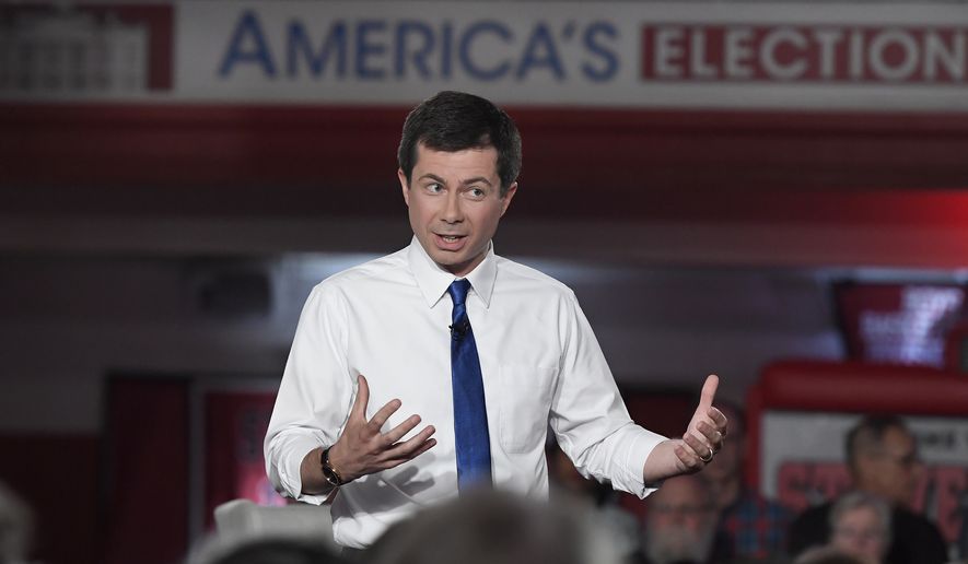Democratic presidential candidate South Bend, Ind., Mayor Pete Buttigieg speaks speaks during a FOX News Channel town hall, Sunday, May 19, 2019, in Claremont, N.H. (AP Photo/Jessica Hill)