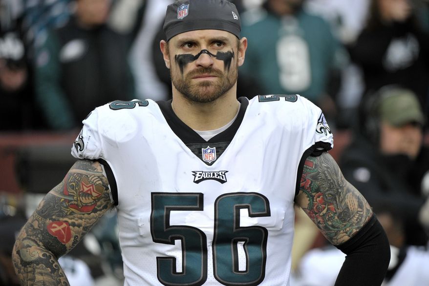 In this Dec. 30, 2018, file photo, Philadelphia Eagles defensive end Chris Long stands on the sideline prior to the team's NFL football game against the Washington Redskins in Landover, Md. Long has announced his retirement from football, ending an 11-year NFL playing career that included winning two Super Bowl titles and the Walter Payton Man of the Year Award. Long posted his decision Saturday night, May 18, on Twitter, saying it has "been a hell of a journey" and adds that "I can honestly say I put my soul into every minute of it." (AP Photo/Mark Tenally, File) **FILE**