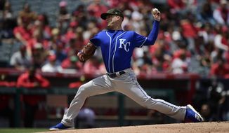 Kansas City Royals starting pitcher Danny Duffy throws to the plate during the second inning of a baseball game against the Los Angeles Angels, Sunday, May 19, 2019, in Anaheim, Calif. (AP Photo/Mark J. Terrill)