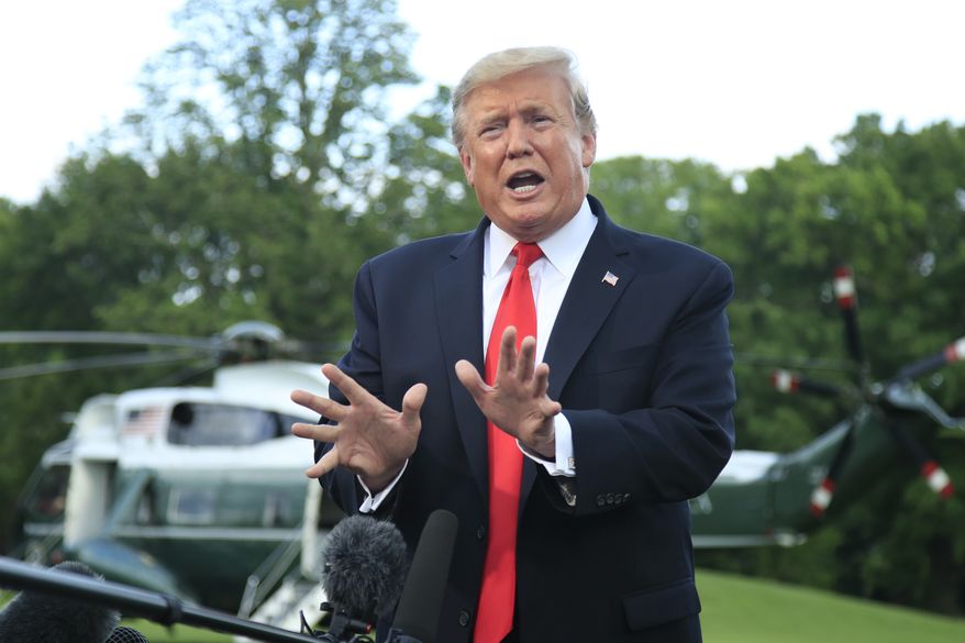 President Donald Trump speaks to reporters before leaving the White House in Washington, Monday, May 20, 2019, to attend a campaign rally in Montoursville, Pa. (AP Photo/Manuel Balce Ceneta)