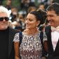 Director Pedro Almodovar, from left, actors Penelope Cruz and Antonio Banderas pose for photographers upon arrival at the premiere for the film &#x27;Pain and Glory&#x27; at the 72nd international film festival, Cannes, southern France, Friday, May 17, 2019. (Photo by Arthur Mola/Invision/AP)