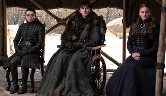 This image released by HBO shows from left to right Maisie Williams, Isaac Hempstead Wright and Sophie Turner in a scene from the final episode of &amp;quot;Game of Thrones,&amp;quot; that aired Sunday, May 19, 2019. (HBO via AP)
