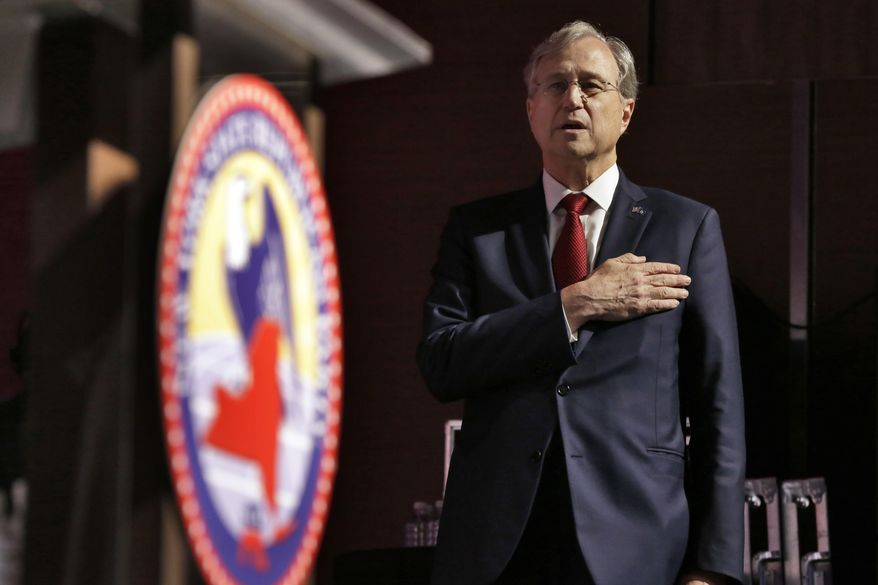 FILE - In this May 23, 2018 file photo, New York Republican State Committee chairman Ed Cox recites the Pledge of Allegiance during the New York state Republican Convention, in New York. Cox, the state Republican Party chairman since 2009, will step down to join President Donald Trump's 2020 campaign, where he'll work to raise money for the Republican president's re-election bid. (AP Photo/File, Richard Drew)