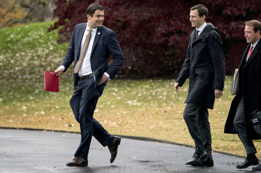 From left, White House personnel director Johnny DeStefano, President Donald Trump's White House Senior Adviser Jared Kushner, and Deputy Assistant to the President and Director of Oval Office Operation Jordan Karem, walk towards Marine One on the South Lawn of the White House in Washington, Monday, Nov. 26, 2018, to join President Donald Trump for a short trip to Andrews Air Force Base, Md., and then on to Mississippi for rallies. (AP Photo/Andrew Harnik)