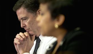 Then-FBI Director James Comey listens at left as Attorney General Loretta Lynch speaks during their sit down meeting with members of the media at Justice Department in Washington, Thursday, Nov. 19, 2015. (AP Photo/Pablo Martinez Monsivais)

