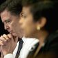 Then-FBI Director James Comey listens at left as Attorney General Loretta Lynch speaks during their sit down meeting with members of the media at Justice Department in Washington, Thursday, Nov. 19, 2015. (AP Photo/Pablo Martinez Monsivais)

