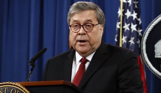 In this April 18, 2019, file photo, Attorney General William Barr speaks about the release of a redacted version of special counsel Robert Mueller&#39;s report during a news conference at the Department of Justice in Washington. Barr is taking aim judges who issue rulings blocking nationwide policies. Barr is speaking May 21 to the American Law Institute. He says judges who issue these so-called nationwide injunctions are hampering President Donald Trump’s agenda. (AP Photo/Patrick Semansky, File)