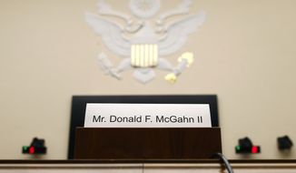 A name placard is displayed for former White House Counsel Don McGahn, who is not expected to appear before a House Judiciary Committee hearing, Tuesday, May 21, 2019, on Capitol Hill in Washington. (AP Photo/Patrick Semansky)