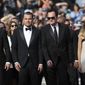 Actors Brad Pitt, from left, Leonardo DiCaprio, director Quentin Tarantino and actress Margot Robbie pose for photographers upon arrival at the premiere of the film &#39;Once Upon a Time in Hollywood&#39; at the 72nd international film festival, Cannes, southern France, Tuesday, May 21, 2019. (AP Photo/Petros Giannakouris)