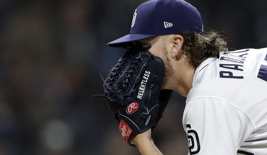 San Diego Padres starting pitcher Chris Paddack looks in as he works against an Arizona Diamondbacks batter during the sixth inning of a baseball game Monday, May 20, 2019, in San Diego. (AP Photo/Gregory Bull)