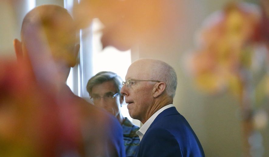 Atlanta Falcons President and CEO, Rich McKay, speaks to the media during the NFL owners meeting, Tuesday, May 21, 2019, in Key Biscayne, Fla. (AP Photo/Brynn Anderson)