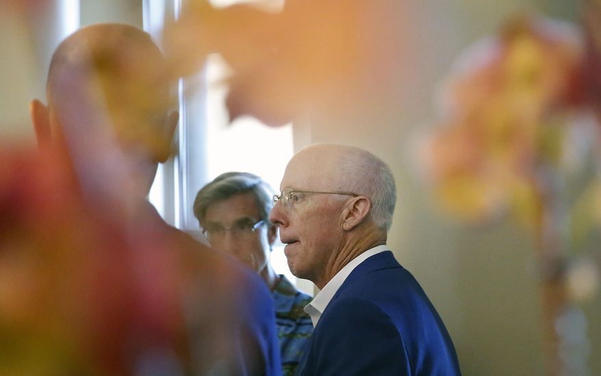 Atlanta Falcons President and CEO, Rich McKay, speaks to the media during the NFL owners meeting, Tuesday, May 21, 2019, in Key Biscayne, Fla. (AP Photo/Brynn Anderson)