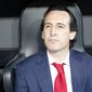 Arsenal manager Unai Emery looks from the bench prior to the Europa League semifinal soccer match, second leg, between Valencia and Arsenal at the Camp de Mestalla stadium in Valencia, Spain, Thursday, May 9, 2019. (AP Photo/Alberto Saiz)