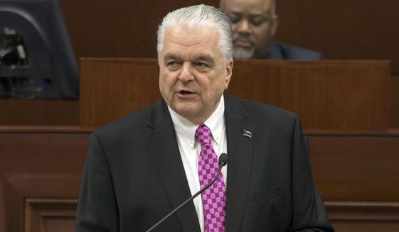 In this Jan. 16, 2019, photo, Nevada Gov. Steve Sisolak delivers his first State of the State address from the Assembly Chambers of the Nevada Legislature in Carson City, Nev. (AP Photo/Tom R. Smedes) **FILE**