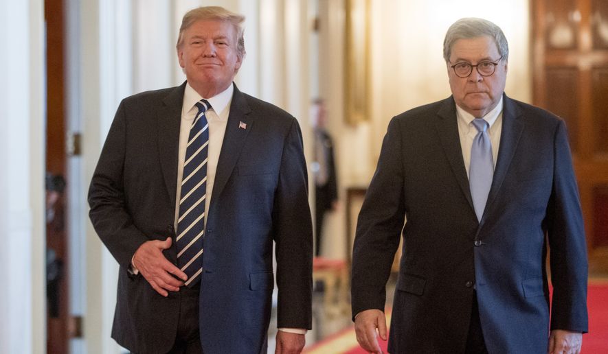 President Donald Trump and Attorney General William Barr arrive for a Public Safety Officer Medal of Valor presentation ceremony in the East Room of the White House in Washington, Wednesday, May 22, 2019.(AP Photo/Andrew Harnik)