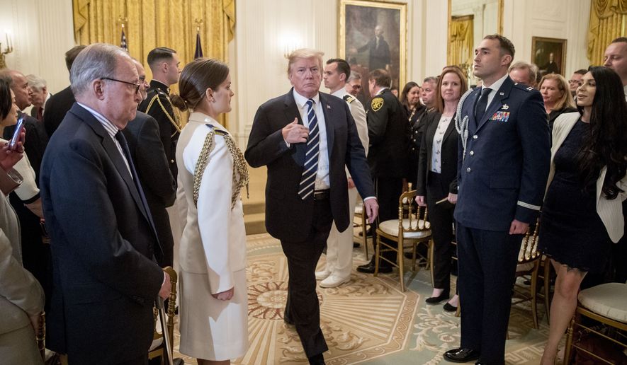President Donald Trump departs a Public Safety Officer Medal of Valor presentation ceremony in the East Room of the White House in Washington, Wednesday, May 22, 2019.(AP Photo/Andrew Harnik)