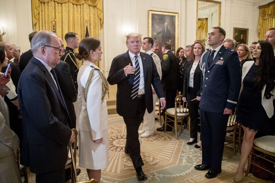 President Donald Trump departs a Public Safety Officer Medal of Valor presentation ceremony in the East Room of the White House in Washington, Wednesday, May 22, 2019.(AP Photo/Andrew Harnik)