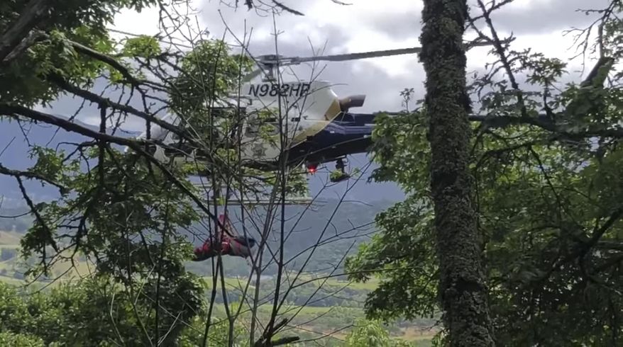 This Tuesday, May 21, 2019, image from video released by the California Highway Patrol, shows the scene where a woman was rescued after the car she was driving plunged 450 feet down a cliff and a bicyclist just happened to witness the accident in Napa, Calif. Authorities say the car could have fallen another 800 feet on Tuesday but it hit a tree that stopped it. A California Highway Patrol flight officer tells the San Francisco Chronicle it's likely no one would have seen the wreck on the forested mountainside in the city of Napa if the bicyclist had not been nearby. (California Highway Patrol via AP)
